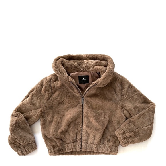 7 for all Mankind Grey Faux Fur Hooded Cropped Bomber Jacket - Picture 11 of 12